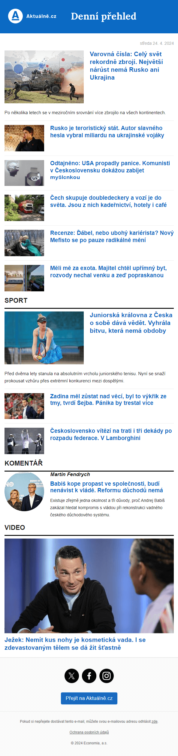 Náhled newsletteru denní přehled Aktuálně.cz